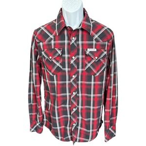 True Religion Long Sleeve Mens Red & Black Plaid Pearl Snap Western Shirt, Large